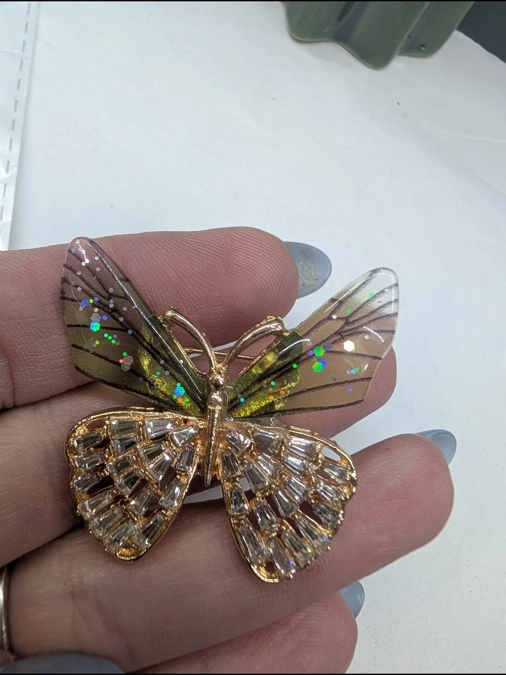 Gold Butterfly Brooch with Iridescent Green Accents